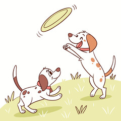 Two happy cartoon dogs playing frisbee in a grassy field