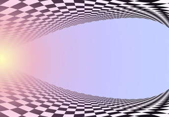 Black and white checkered perspective grid frame. Chessboard floor and ceiling, top and bottom tiled frame