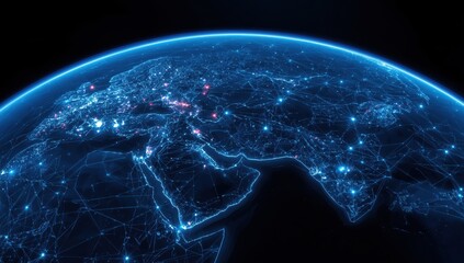 Obraz premium A global view of interconnectedness, showcasing the world's cities and transportation routes in a digital network.