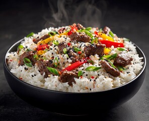 Savory bowl of rice with tender beef and vibrant spring vegetables, a wholesome and delicious meal, perfect for culinary inspiration and healthy eating.