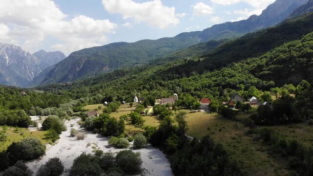 Albania nature. Summer landscape drone point of view footage of Theth Mountains in Albanian Alps (also known as Accursed Mountains). Alps of Albania National Park.