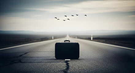 Open road adventure journey travel suitcase destination freedom wanderlust explore escape vacation trip getaway journey roadtrip  new beginnings solo travel  horizon scenic route  sky clouds birds