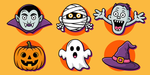 Halloween cartoon characters set, vampire, mummy, zombie, ghost, pumpkin and witch hat. Cute and spooky design for holiday decorations, posters, banners, greeting cards, invitations and party elements