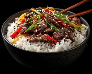 Savory bowl of rice with tender beef and vibrant vegetables, a delicious, healthy, and satisfying meal perfect for everyday dining.