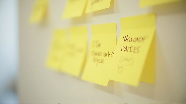 Yellow Sticky Notes with Handwritten Information on a Whiteboard