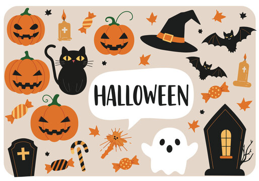 Vector art of a whimsical Halloween scene featuring a witche hat, broom, black cat, spell book, and bubbling cauldron, alongside potion bottles and a playful ghost, all set against a dark backdrop, cr