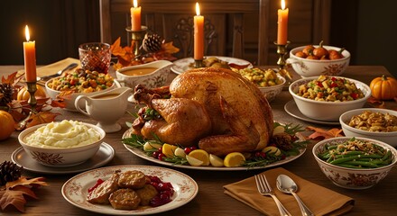 Abundant Harvest Thanksgiving Feast Spread Warm Candlelight Glow