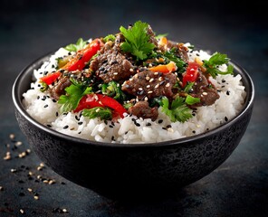 Savory beef and vegetable rice bowl, a healthy, vibrant, and satisfying meal perfect for any dining occasion and culinary inspiration.