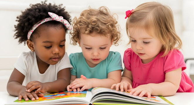 Adorable toddlers engrossed in a colorful storybook enjoying a shared reading experience fostering literacy and friendship early childhood education preschool kids reading together learning