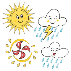 Cute weather icons featuring sun rain clouds and wind