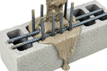 Pouring wet concrete into a block with steel rebar inside isolated with transparent background