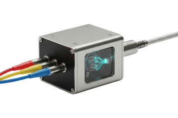 Industrial electronic interface box with connected signal cables isolated with transparent background