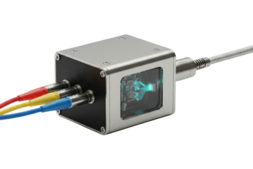 Industrial electronic interface box with connected signal cables isolated with transparent background