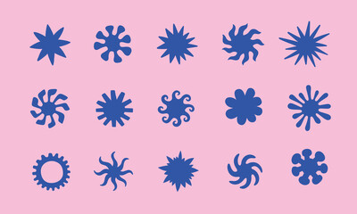 Abstract sun icon, shape, symbol, logo set. Flat bohemian minimalist simple designs. Cute groovy suns