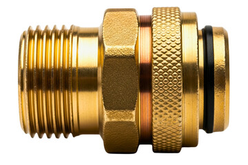 Brass plumbing hose connector with threads and an O-ring seal isolated with transparent background
