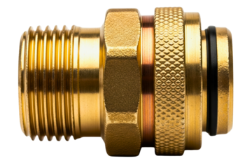 Brass plumbing hose connector with threads and an O-ring seal isolated with transparent background