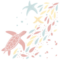 Cute pink turtle swimming with starfish and colorful bubbles