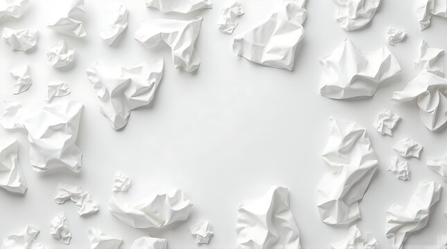Scattered Crumpled White Paper on a Minimalist White Background