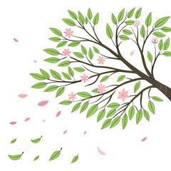 Spring tree with pink flowers and falling leaves