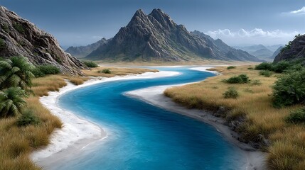 An aerial panorama of a turquoise braided river system winding through a flat plain of white sand and green patches, leading towards distant mountains.