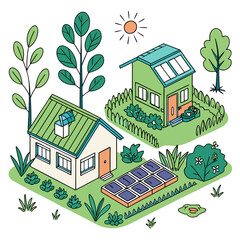 Eco friendly houses with solar panels and green gardens