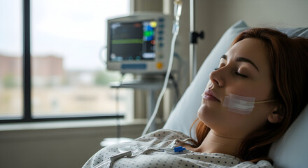 Hospital patient resting peacefully in her bed recovering from surgery healthcare medical wellbeing health patient care hospital room medical equipment medical technology health insurance