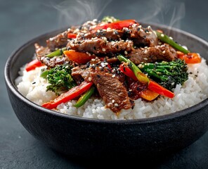 Wholesome bowl of fluffy rice topped with savory beef and vibrant mixed vegetables, a satisfying and nutritious meal perfect for healthy eating inspiration.