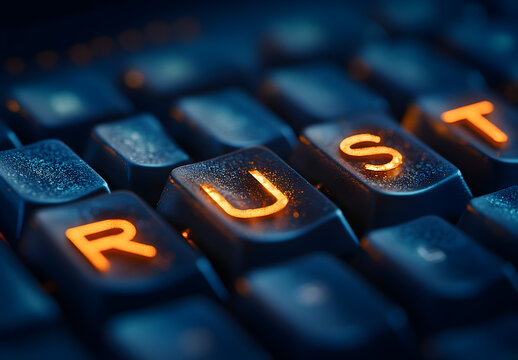 A close-up of a keyboard with keys arranged to spell 'RUST', backlit with soft blue LED lighting to symbolize innovation.