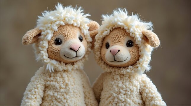 Two Cute Fluffy Lamb Characters Wearing Cozy Woolen Outfits Together