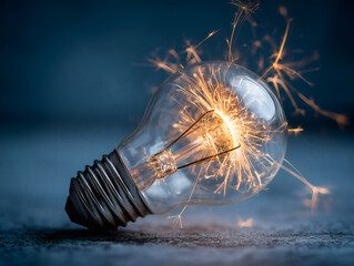 close-up of an incandescent light bulb with spark