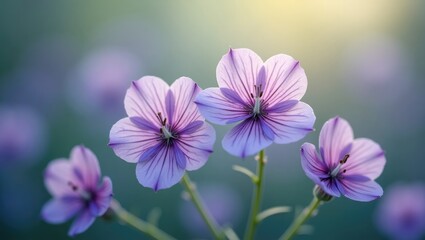 Obraz premium Delicate, light purple flowers blossom in soft focus, bathed in morning light.