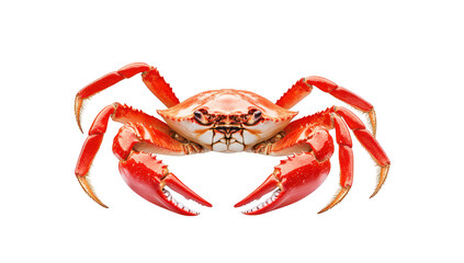 A red crab with large claws is prominently displayed against a white background. its intricate details and natural colors. ideal for culinary or marine-themed projects