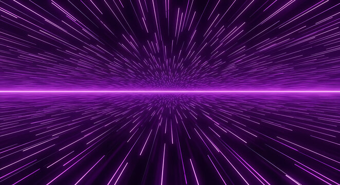 Illustration of abstract purple digital tunnel with glowing particles and light streaks, representing speed, data, and technology in a futuristic cyberspace