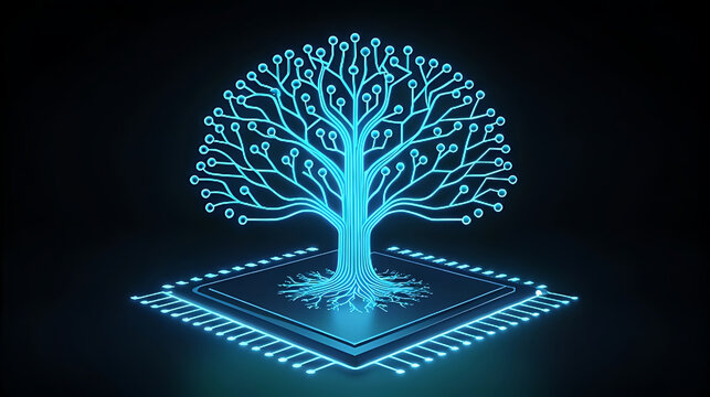Glowing blue circuit tree on computer chip technology 2 - Powered by Adobe