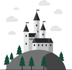 Obraz premium Fairytale castle on a hill surrounded by trees and clouds majestic fantasy fortress design isolated on transparent background
