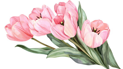 Obraz premium A bouquet of pink tulips gracefully arranged with lush green leaves. set against a clean white background. perfect for floral-themed designs or springtime decorations