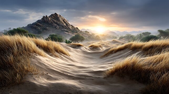 A vast desert wasteland stretches endlessly, with golden dunes rising and falling in dramatic waves, under the relentless glare of a harsh sun.