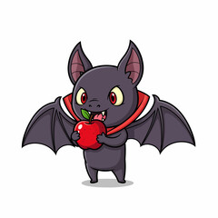 Cartoon Bat with Red Collar Holding a Shiny Red Apple.