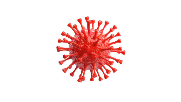 A highly detailed. 3D rendering of a red virus model. its intricate spike proteins. set against a plain white background. ideal for educational and scientific use