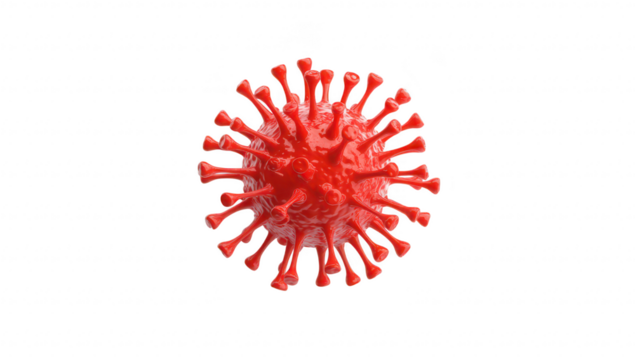 A highly detailed. 3D rendering of a red virus model. its intricate spike proteins. set against a plain white background. ideal for educational and scientific use