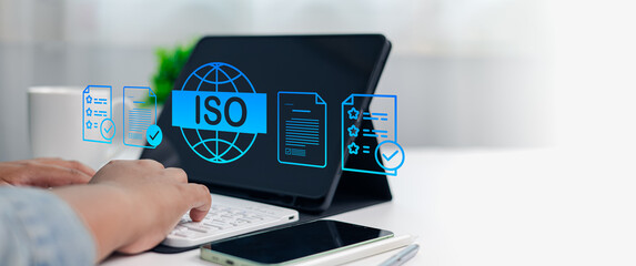 ISO Certification and Quality Management System Concept with Digital Document Icons