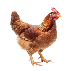 Fototapeta premium A vibrant. healthy brown chicken standing confidently against a clean white background. its glossy feathers and distinctive red comb. ideal for agricultural or culinary stock photos