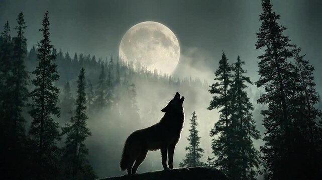 A lone wolf's haunting howl against a full moon. This iconic video silhouette captures the call of the wild in a misty, atmospheric forest, symbolizing freedom and power.
