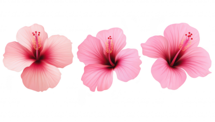 A trio of pink hibiscus flowers intricate petals and detailed stamen. set against a clean white background. ideal for botanical illustrations or floral designs