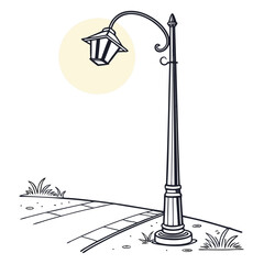 A vintage black and white line drawing of a classic lamppost illuminating a pathway with a soft yellow glow