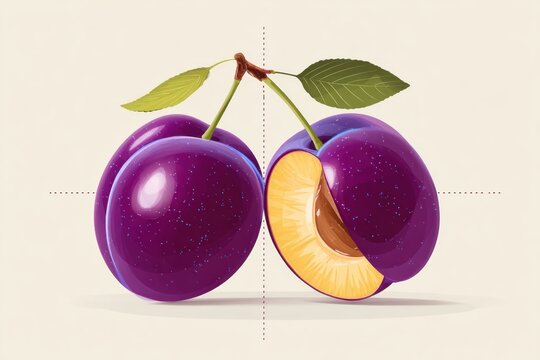 Two plums, one whole, one halved, vibrant purple, realistic illustration