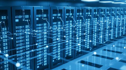 Modern data center with rows of server racks illuminated by blue digital light, symbolizing technology and information - Powered by Adobe