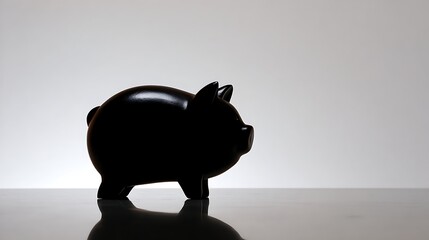 A black piggy bank with a reflective surface, standing on a white table against a white background.