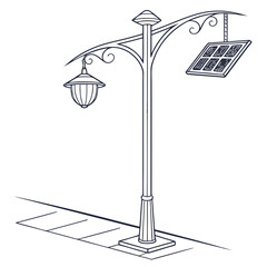 Elegant vintage street lamp with a modern solar panel providing sustainable illumination for pathways