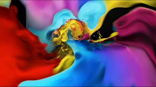 Vertical stripes of vivid colors transform into a dynamic scene where streams of light and colorful liquid burst out, colliding and mixing together